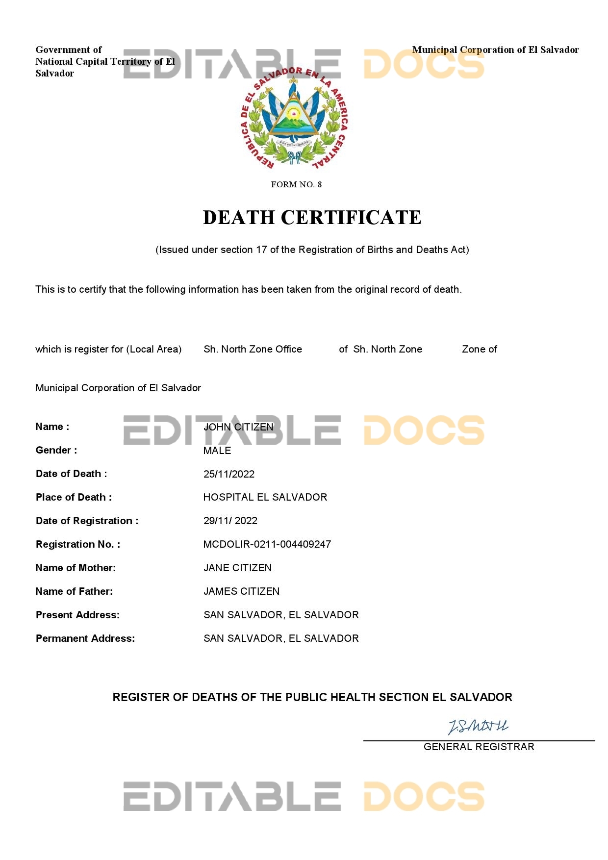 Fillable El Salvador Death PDF Templates | Blank Docs
