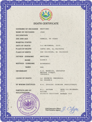 El Salvador vital record death certificate PSD template