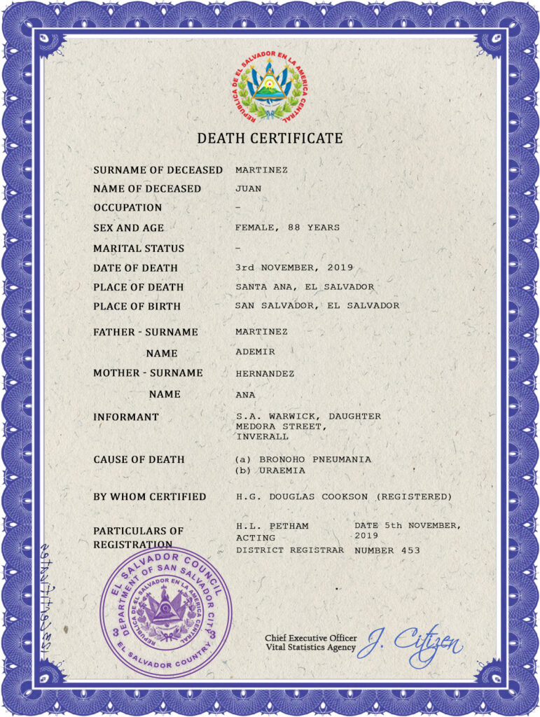 El Salvador vital record death certificate PSD template