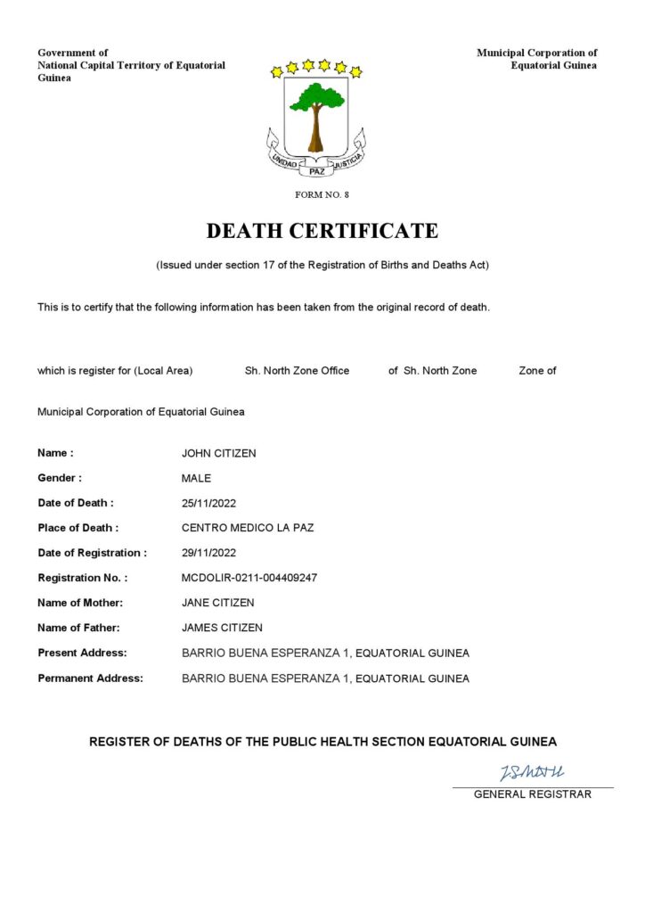 Equatorial Guinea death certificate Word and PDF template, completely editable