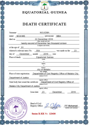 Equatorial Guinea death certificate PSD template, completely editable