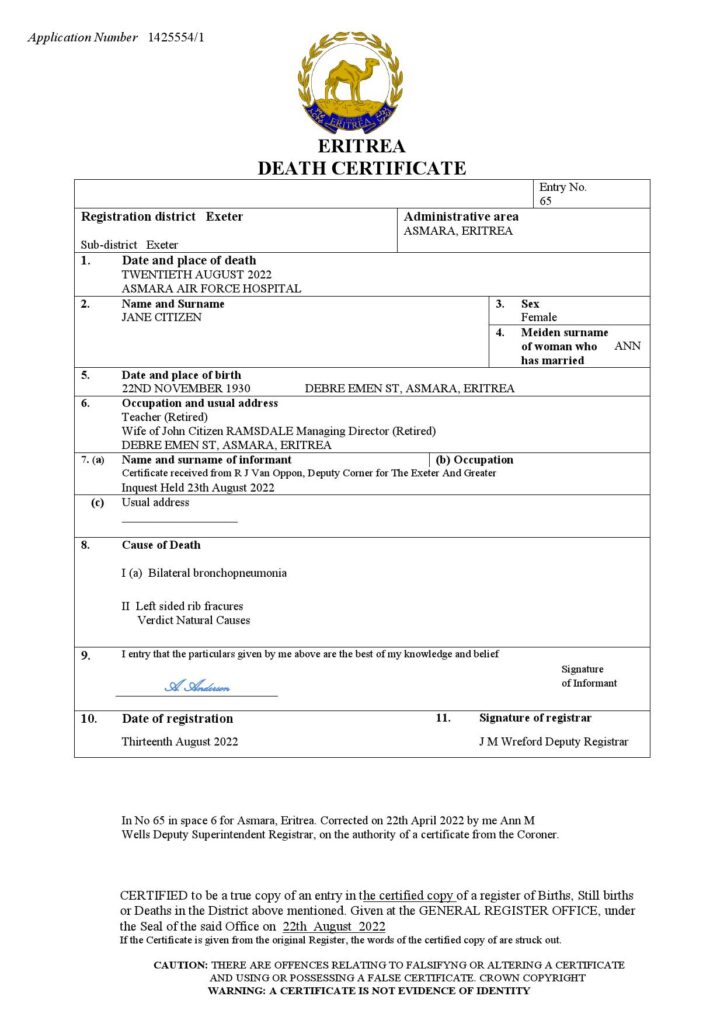 Eritrea vital record death certificate Word and PDF template