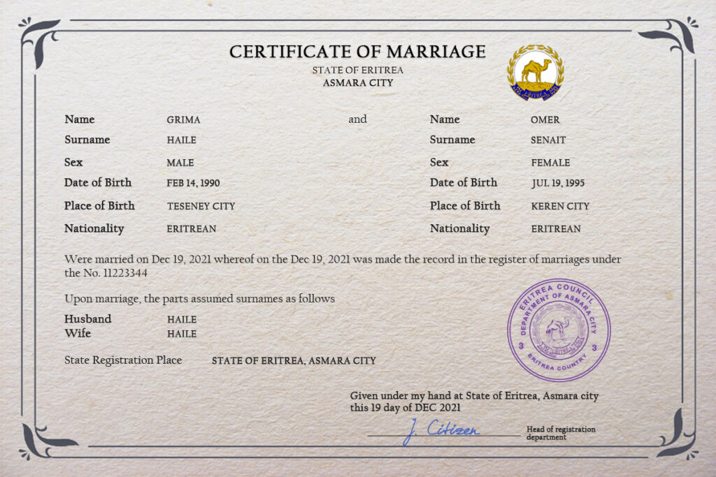 Eritrea Marriage Certificate Editable PSD Templates