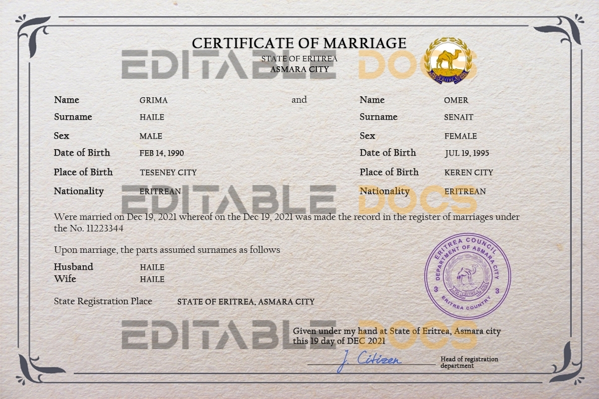 Eritrea Marriage Certificate | Editable PSD Templates