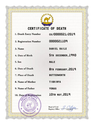 Eritrea vital record death certificate PSD template, fully editable