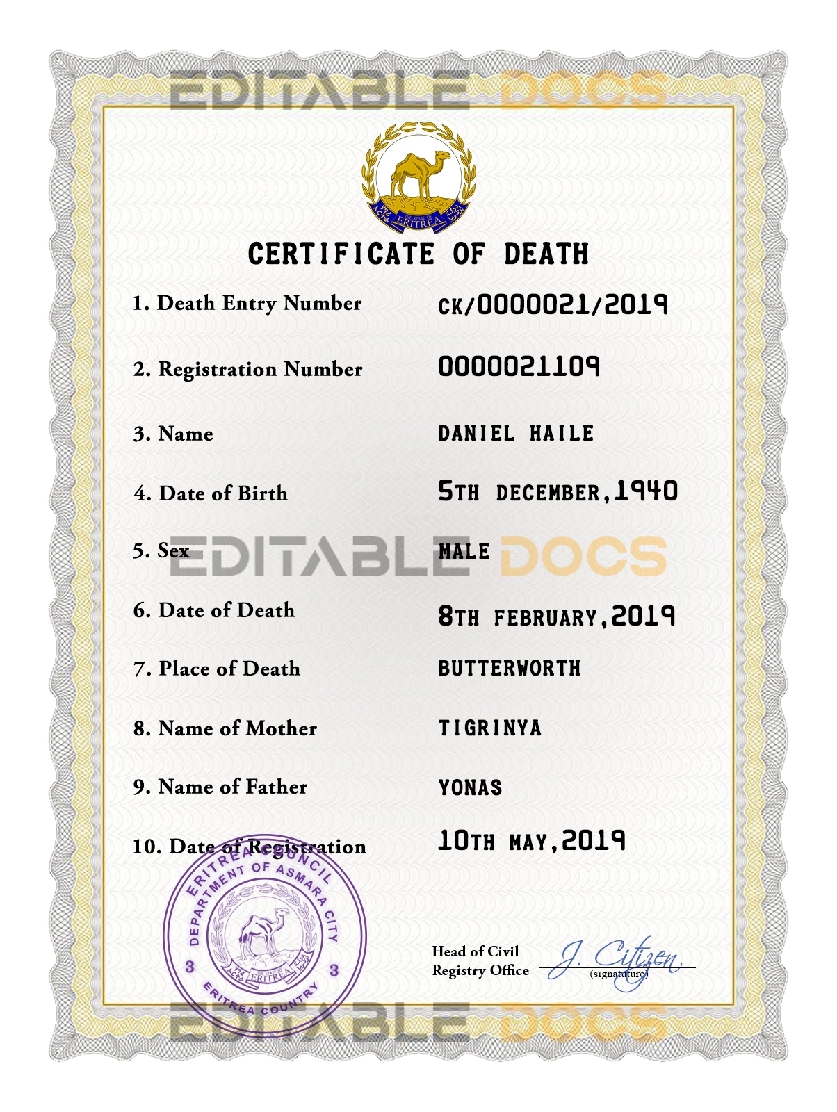Customizable Eritrea Death Certificate PSD Templates | Instant Download