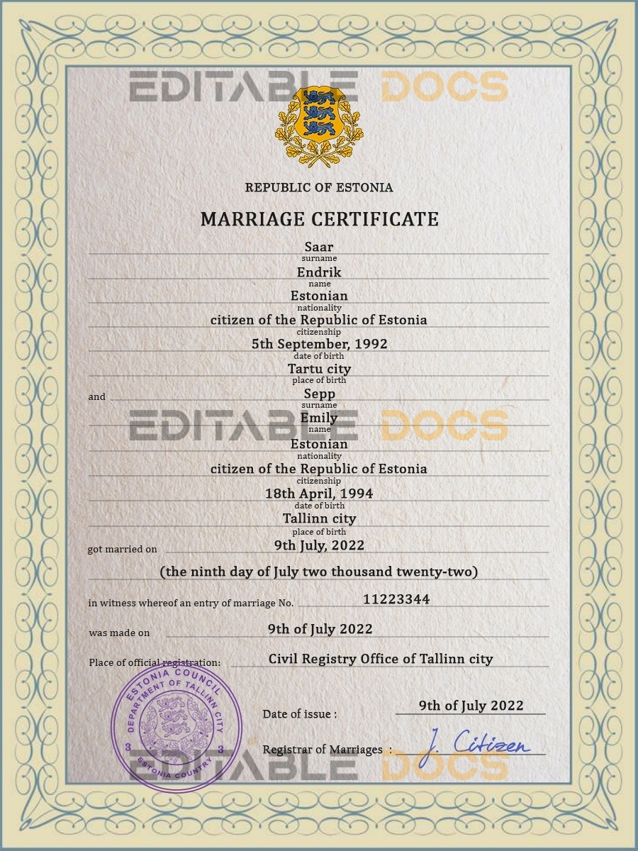 Estonia Marriage Certificate | Editable PSD Templates