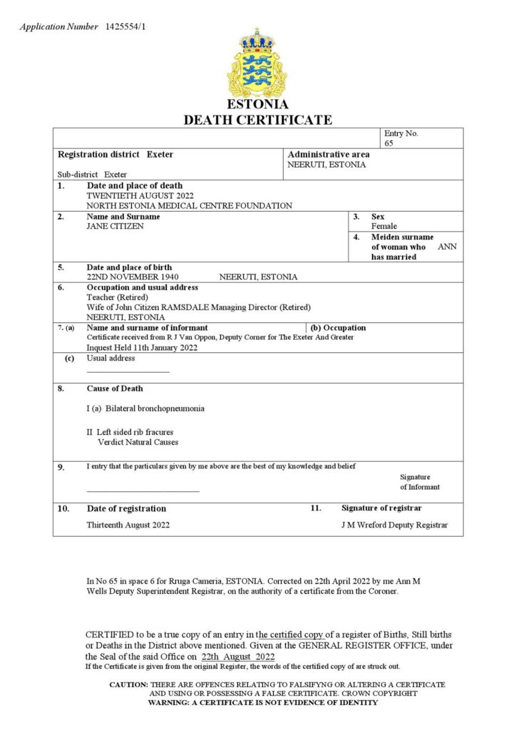Estonia death certificate Word and PDF template, completely editable