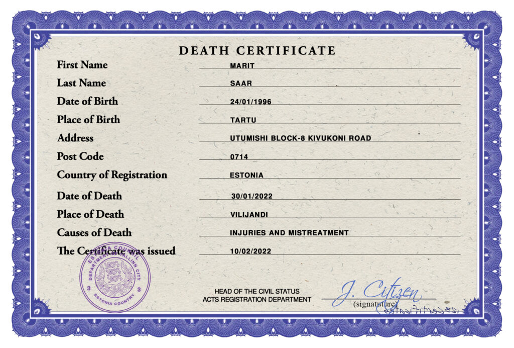 Estonia death certificate PSD template, completely editable