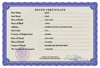 Estonia death certificate PSD template, completely editable