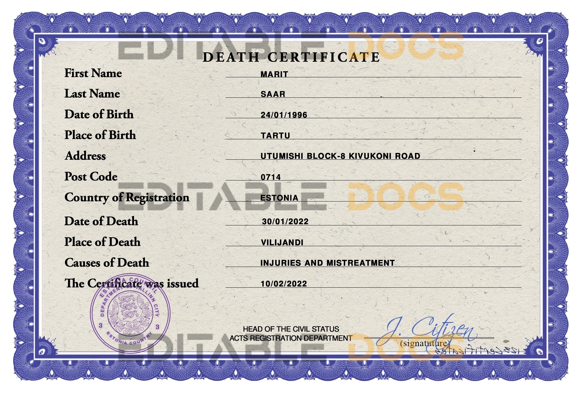Customizable Estonia Death Certificate PSD Templates | Instant Download