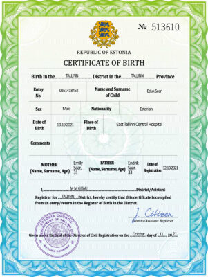 Estonia vital record birth certificate PSD template