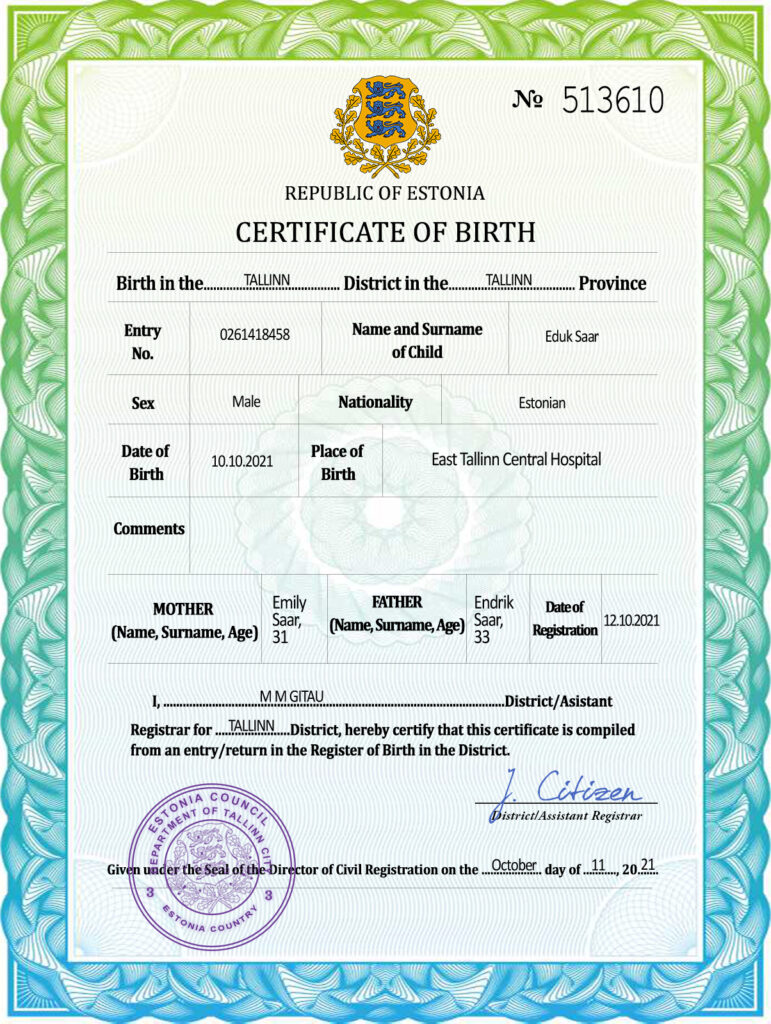 Estonia vital record birth certificate PSD template
