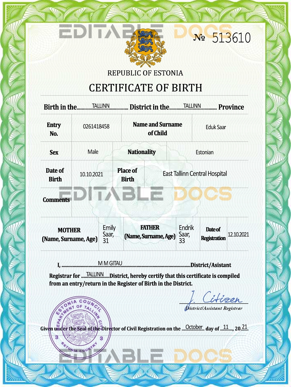 Authentic Estonia Birth Certificate Template | Customize and Download Online