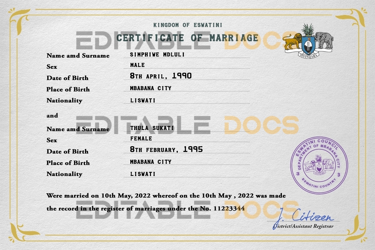 Eswatini Marriage Certificate | Editable PSD Templates