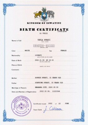 Authentic Eswatini Birth Certificate Template | Customize and Download Online
