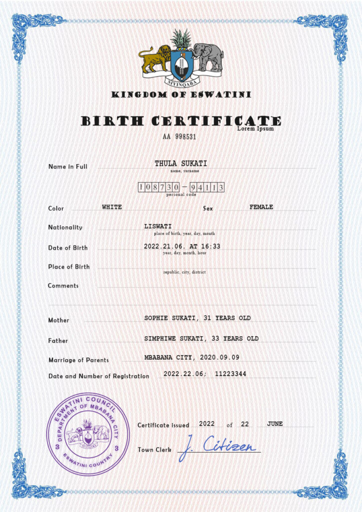 Authentic Eswatini Birth Certificate Template | Customize and Download Online