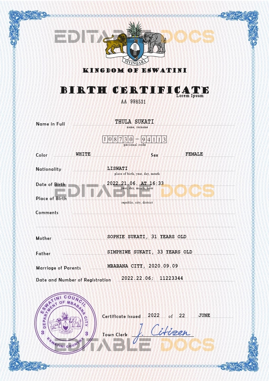 Authentic Eswatini Birth Certificate Template | Customize and Download Online