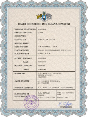 Eswatini vital record death certificate PSD template, completely editable