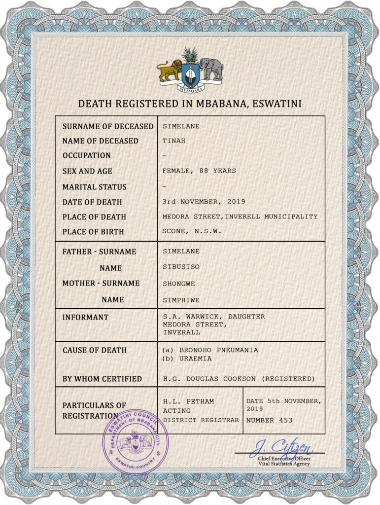 Eswatini vital record death certificate PSD template, completely editable