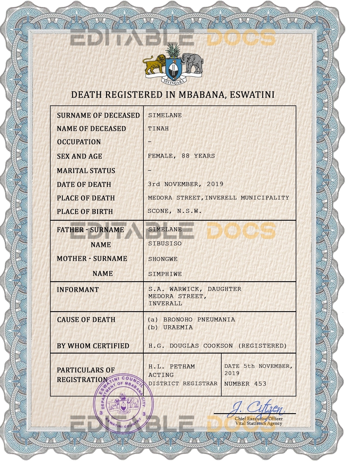 Customizable Eswatini Death Certificate PSD Templates | Instant Download