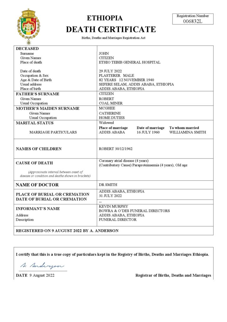 Ethiopia vital record death certificate Word and PDF template