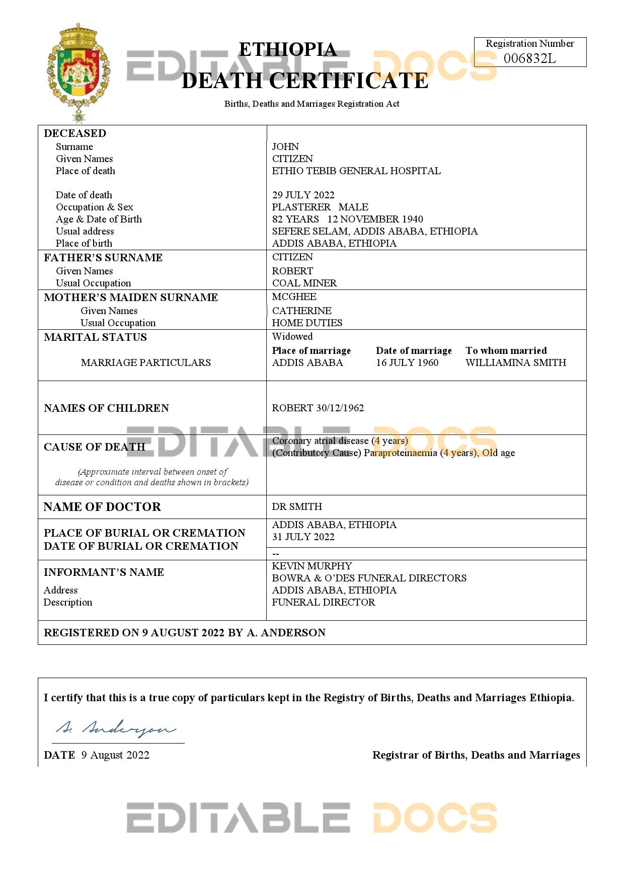 Fillable Ethiopia Death PDF Templates | Blank Docs