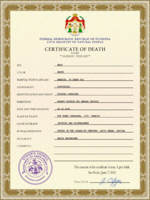 Ethiopia vital record death certificate PSD template
