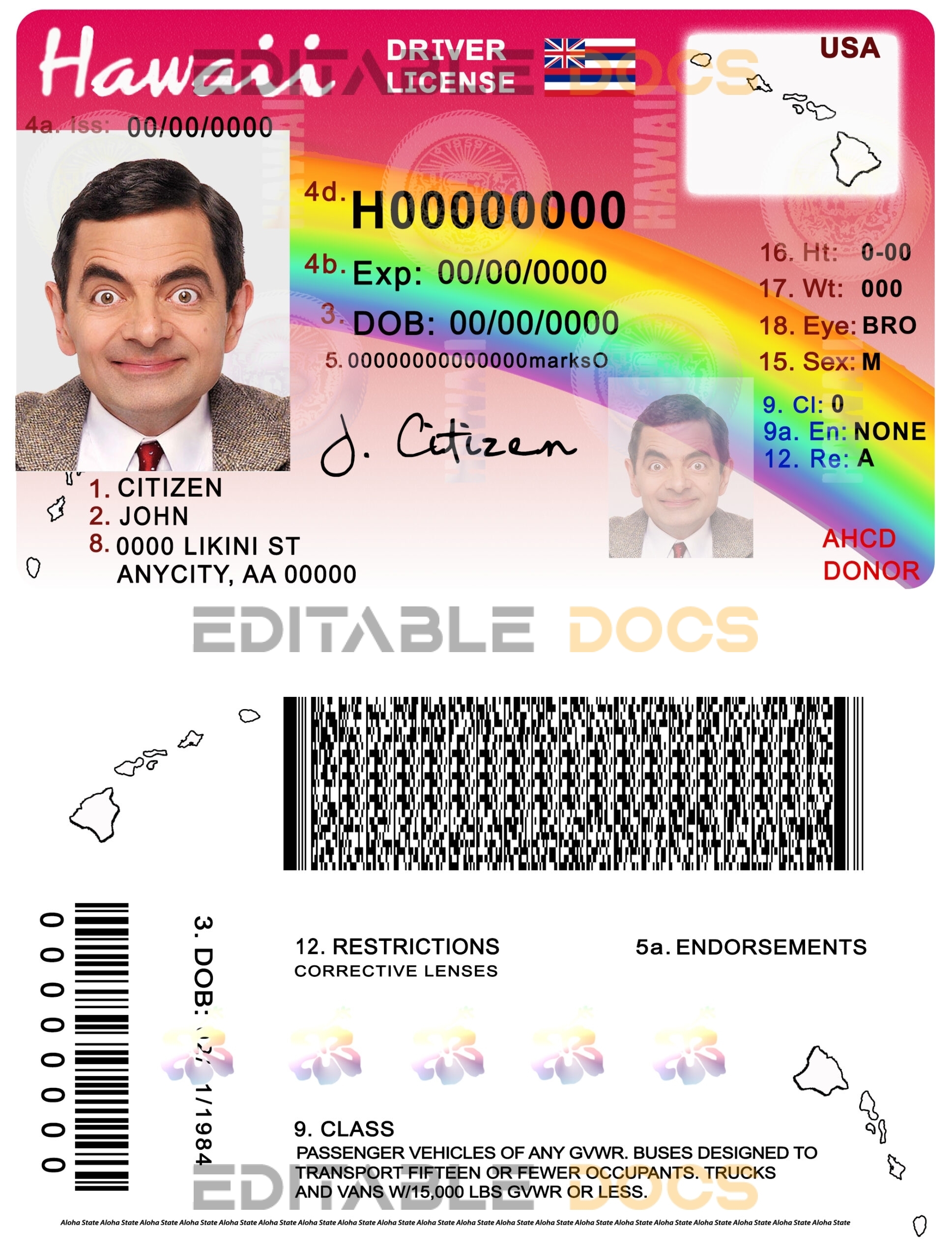 Fake Hawaii Driver License Template | PSD Layer-Based