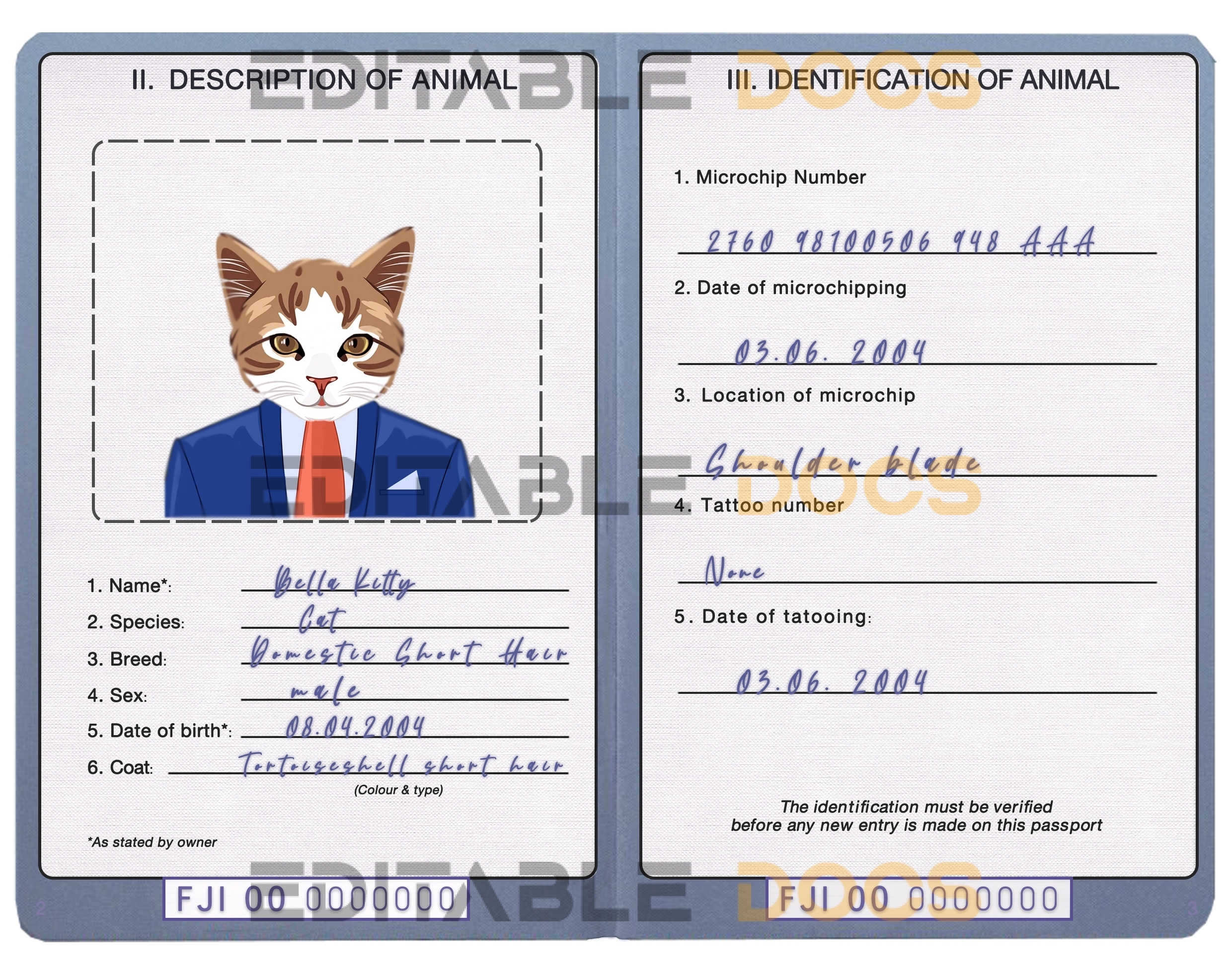 Fiji cat Fake PSD Passport | Instant Download