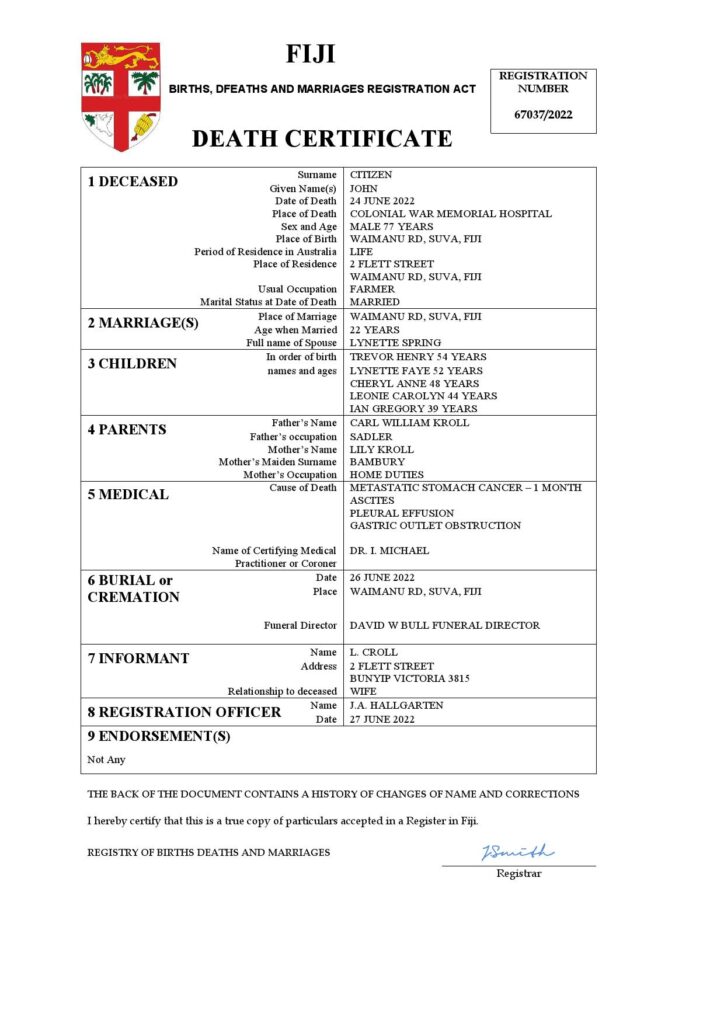 Fiji vital record death certificate Word and PDF template