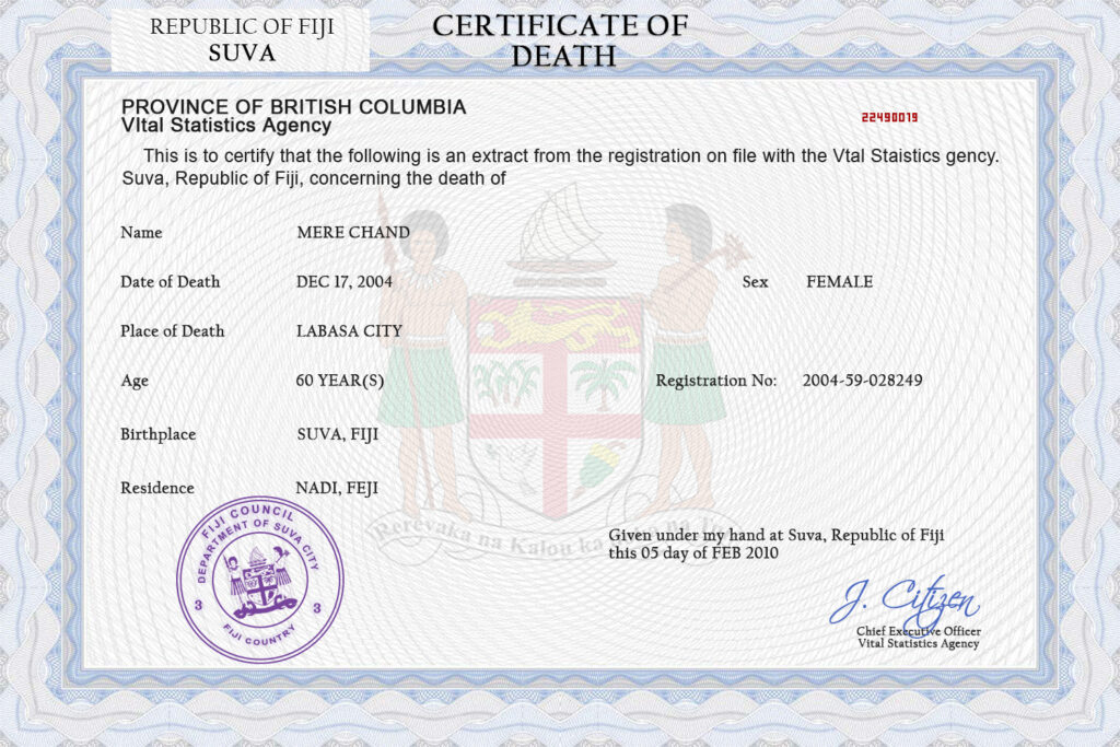 Fiji death certificate PSD template, completely editable