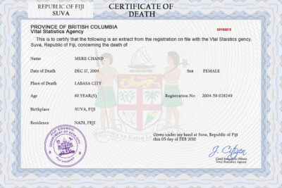 Fiji death certificate PSD template, completely editable