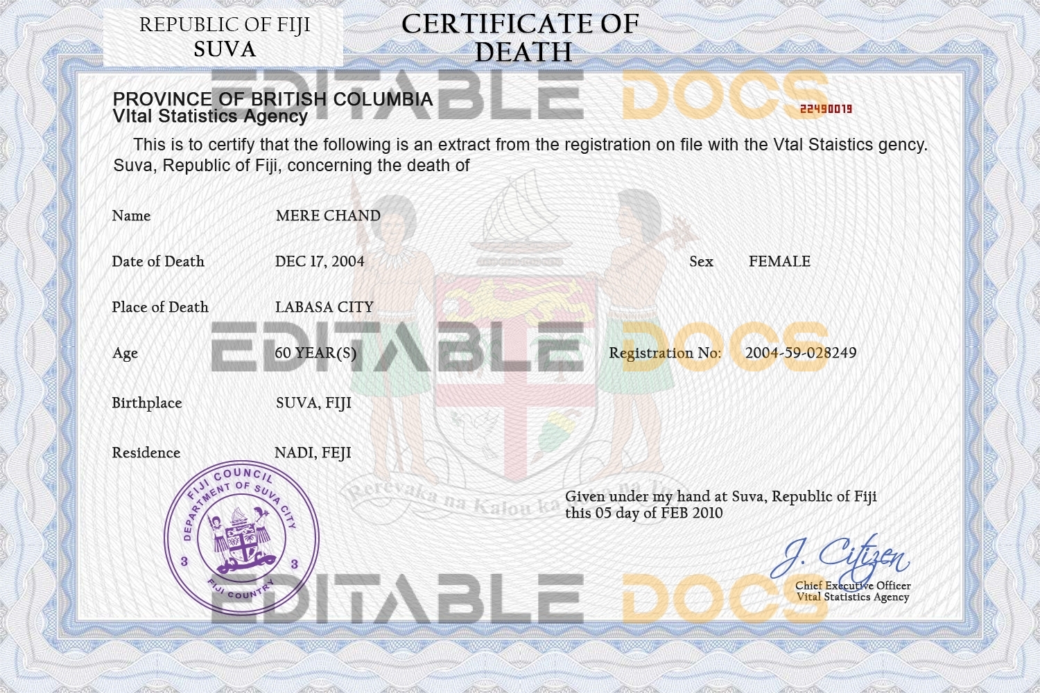 Customizable Fiji Death Certificate PSD Templates | Instant Download