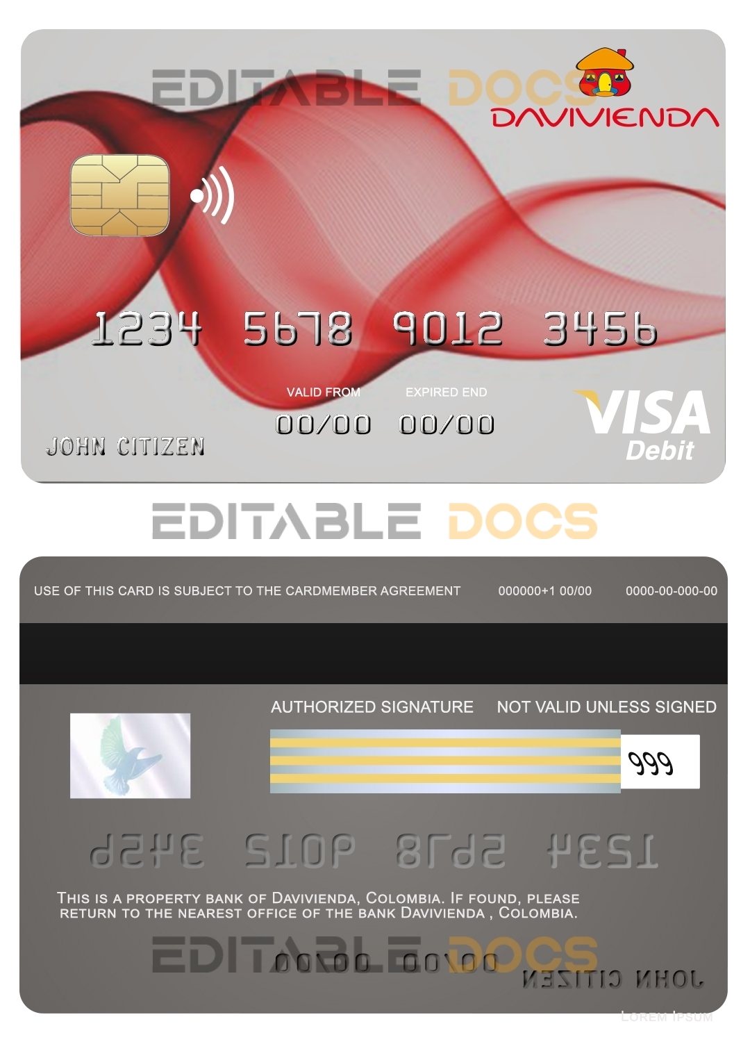 Fillable Colombia Davivienda bank visa card Templates | Layer-Based PSD