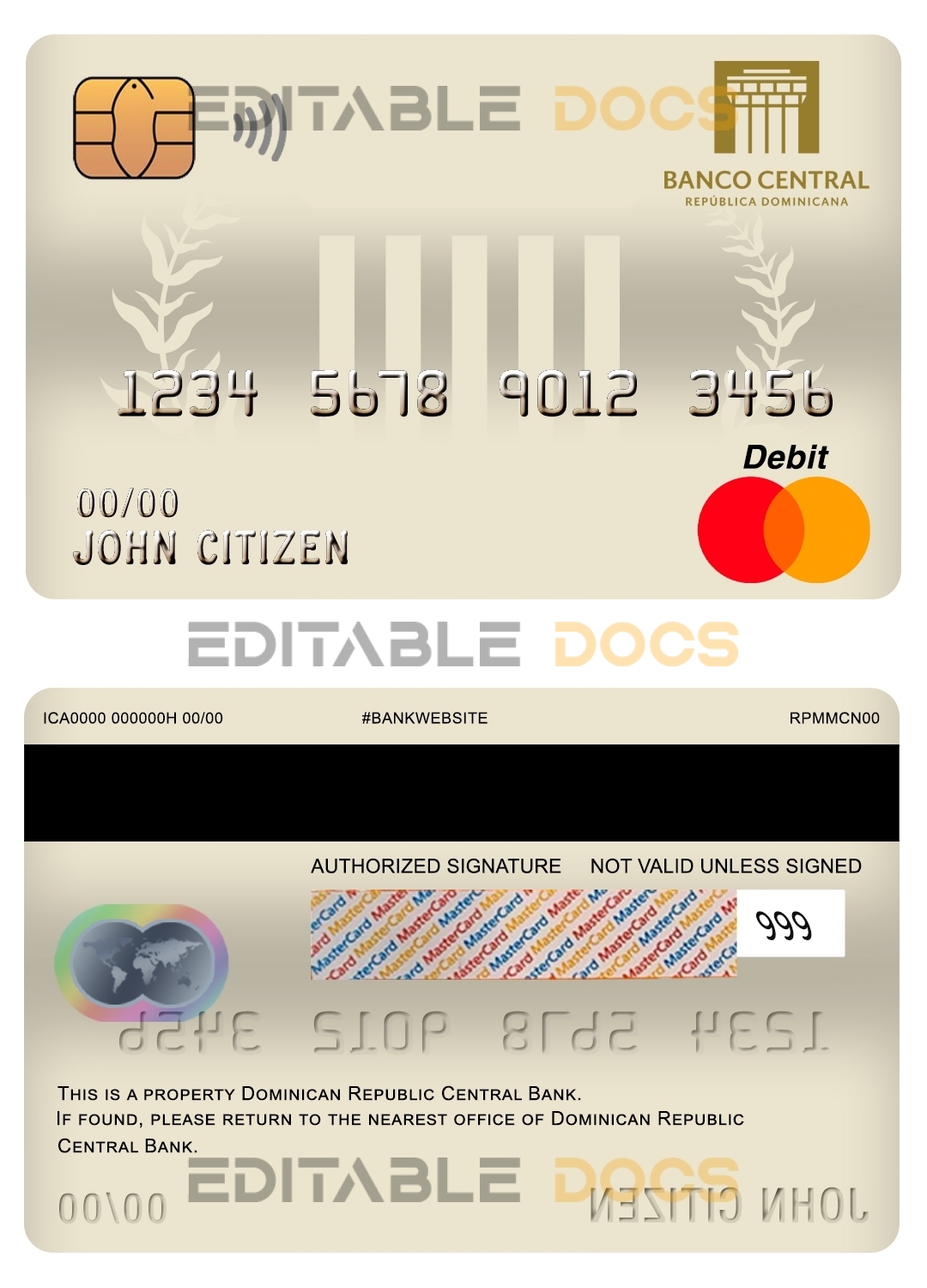 Fillable Dominican Republic Central bank Of the Dominican Republic mastercard debit card Templates | Layer-Based PSD