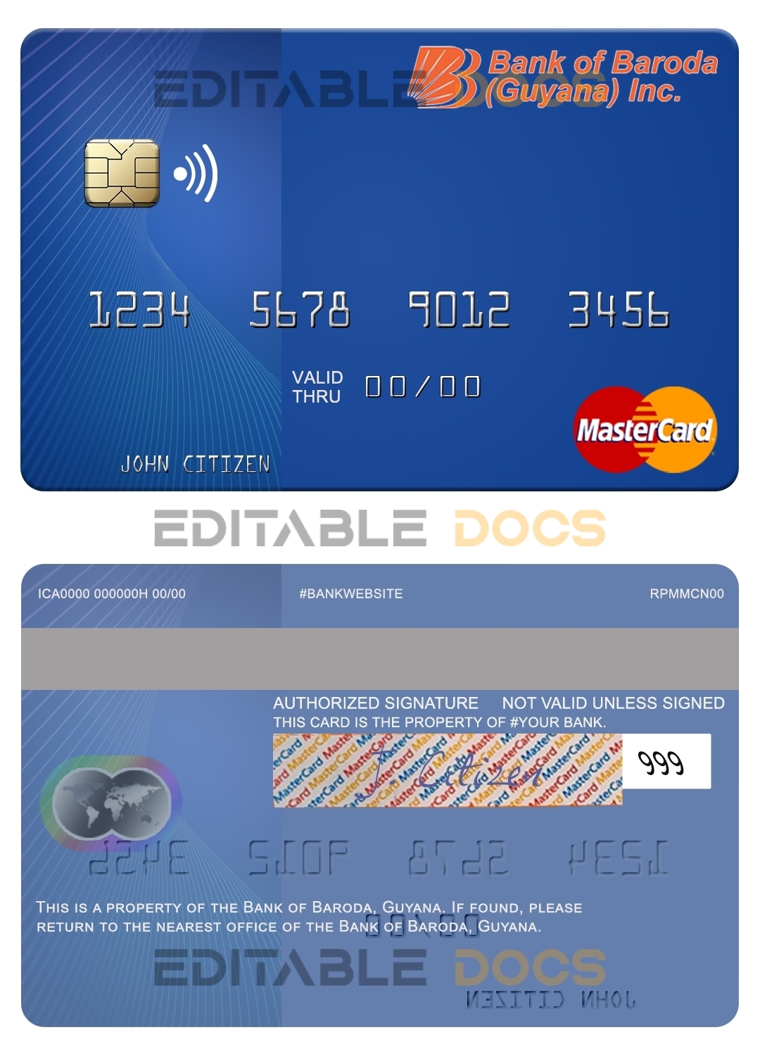 Fillable Guyana Bank of Baroda mastercard Templates | Layer-Based PSD