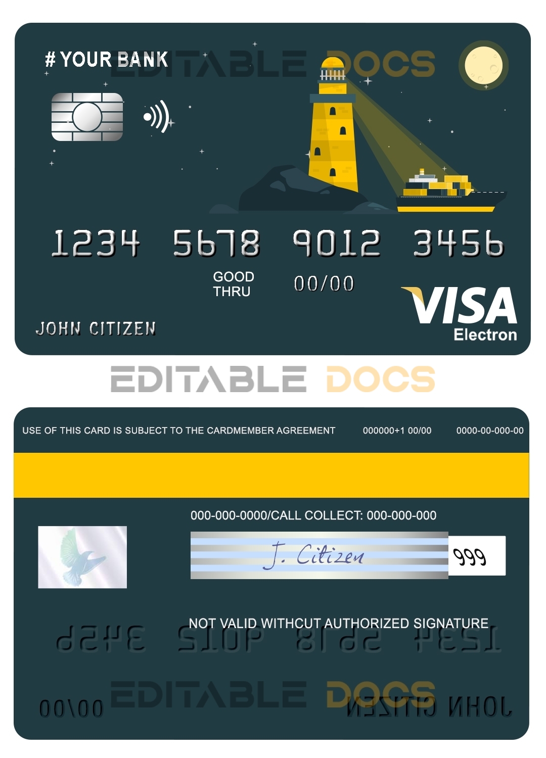Fillable bright lighthouse universal visa electron card Templates | Layer-Based PSD