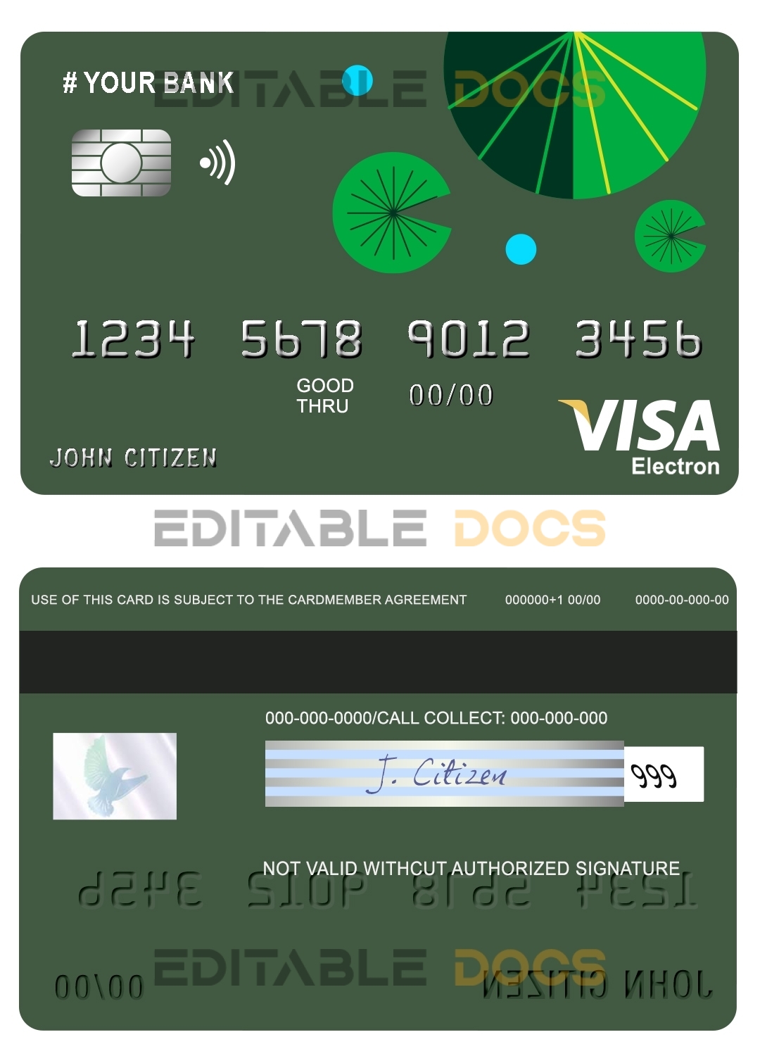 Fillable budget green universal visa electron card Templates | Layer-Based PSD