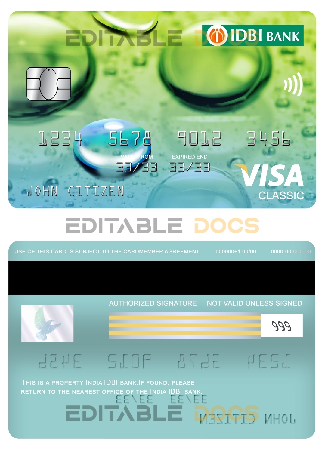 Fillable india IDBI bank visa classic card Templates | Layer-Based PSD