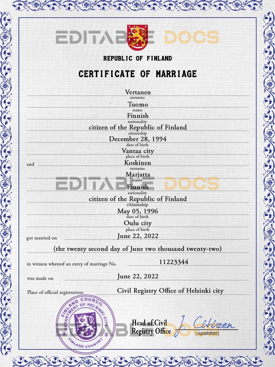Finland Marriage Certificate | Editable PSD Templates