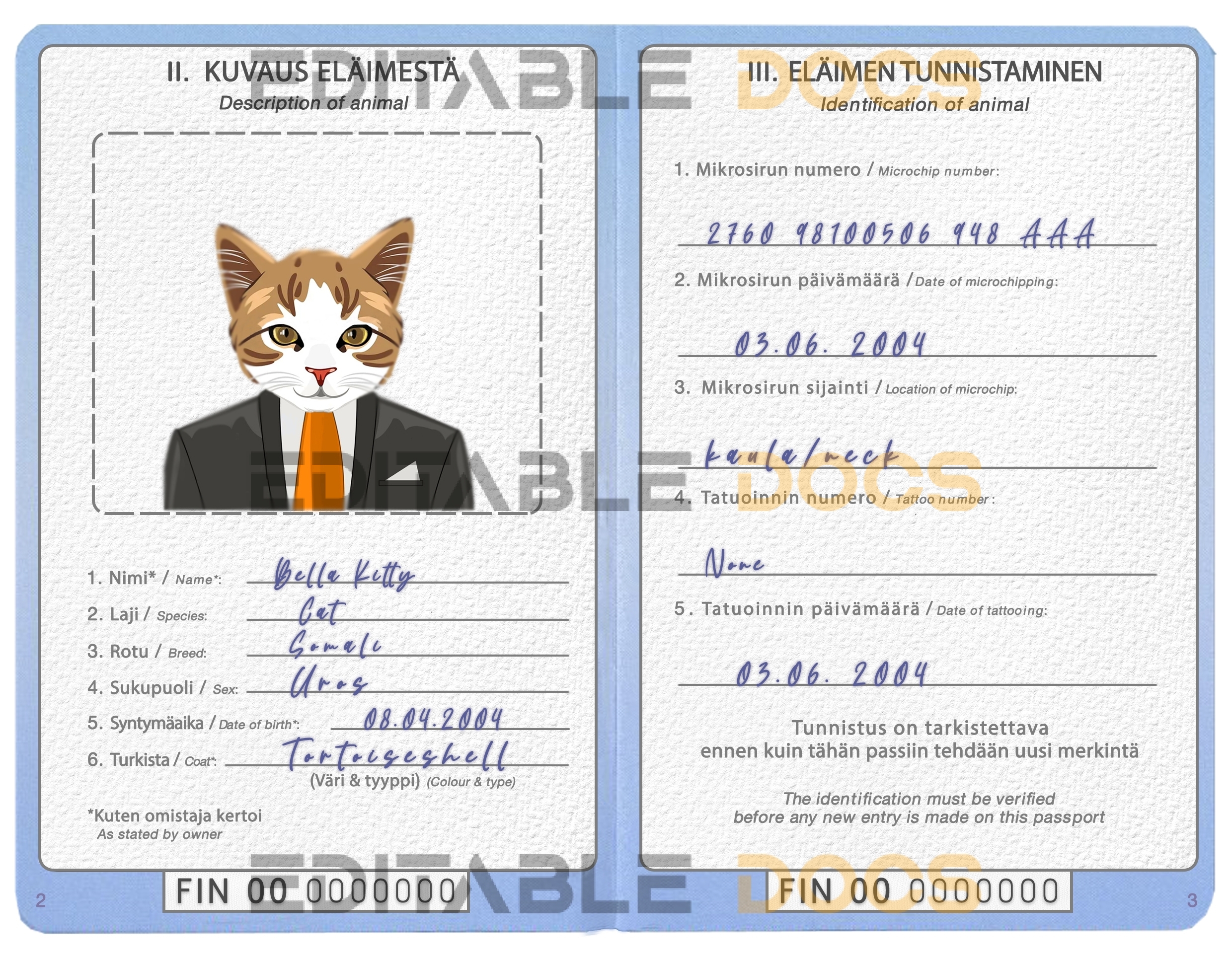 Finland cat Fake PSD Passport | Instant Download