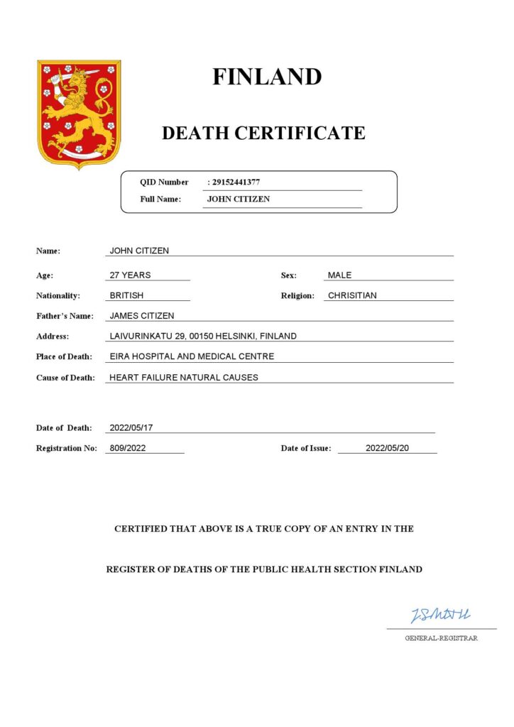Finland death certificate Word and PDF template, completely editable
