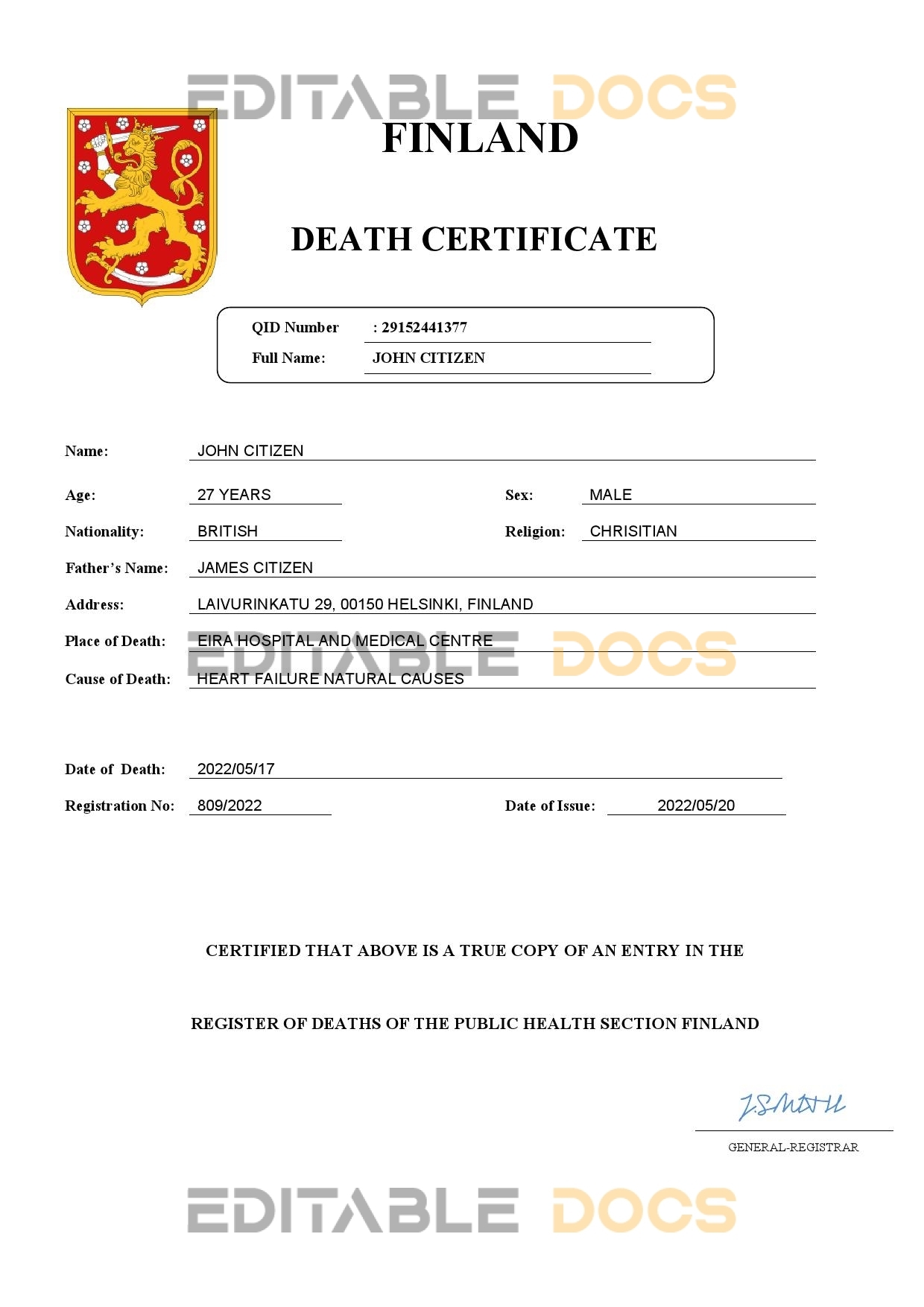 Fillable Finland Death PDF Templates | Blank Docs