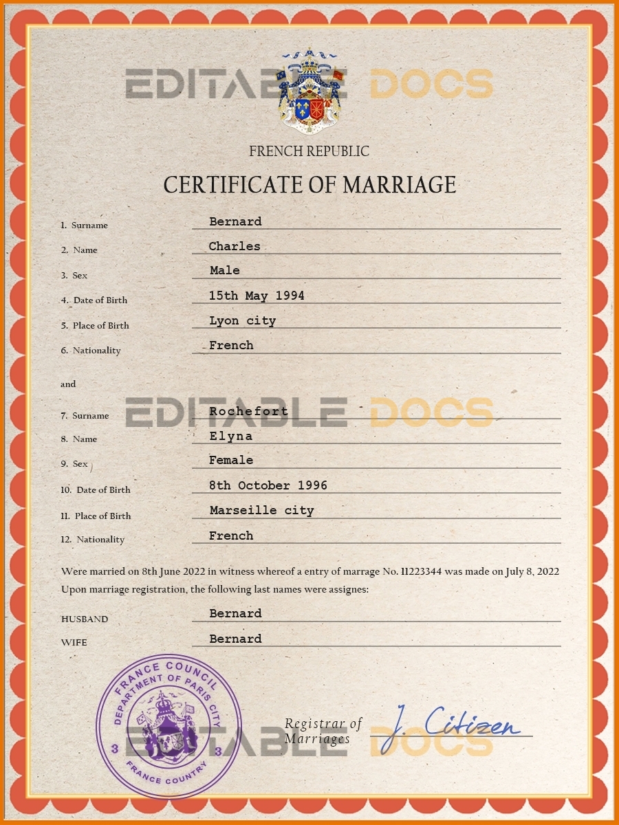 France Marriage Certificate | Editable PSD Templates