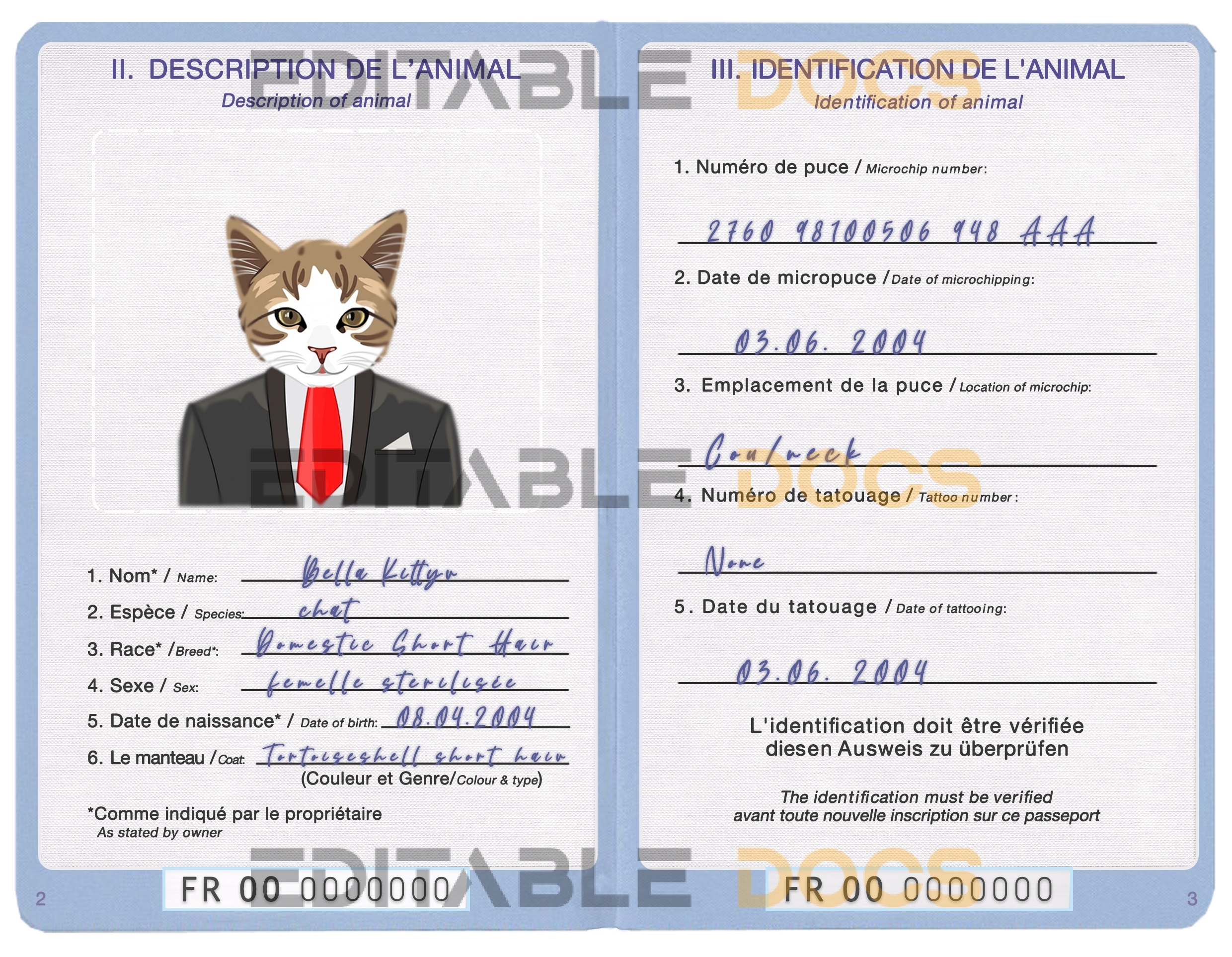 France cat Fake PSD Passport | Instant Download
