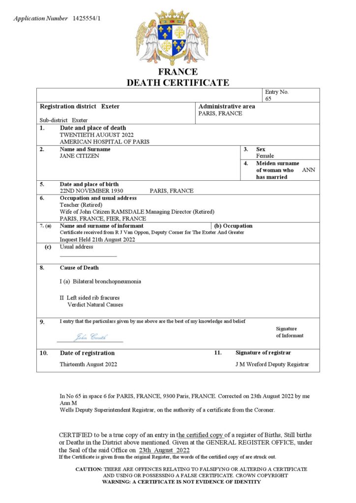 France vital record death certificate Word and PDF template