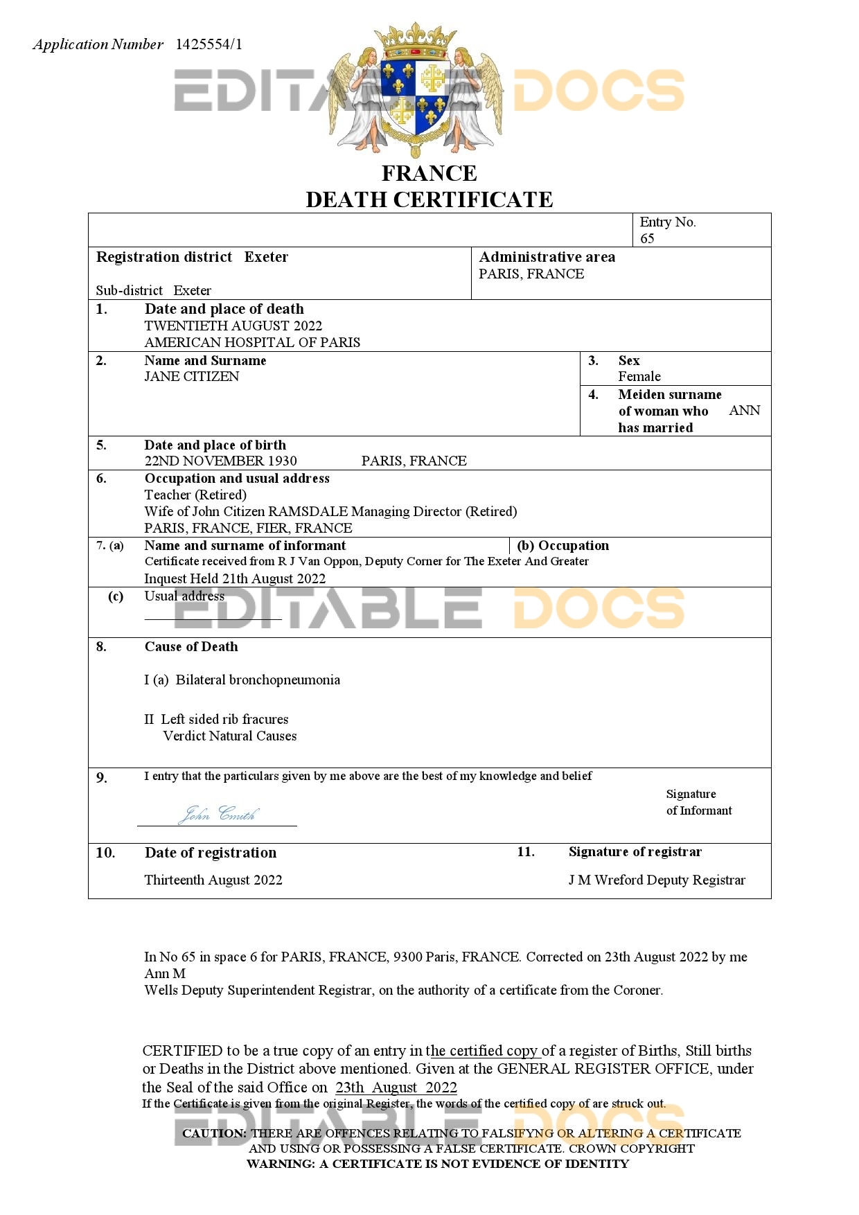 Fillable France Death PDF Templates | Blank Docs