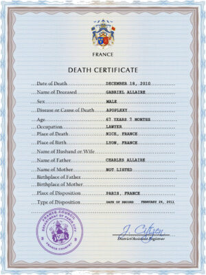 France vital record death certificate PSD template, completely editable