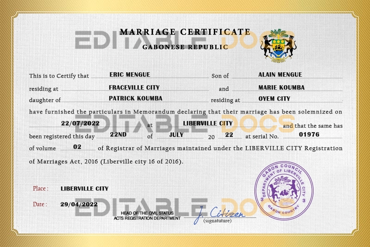 Gabon Marriage Certificate | Editable PSD Templates